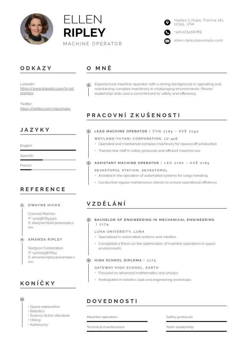 Profesionāla Zivotopis obsluha stroje CV veidne