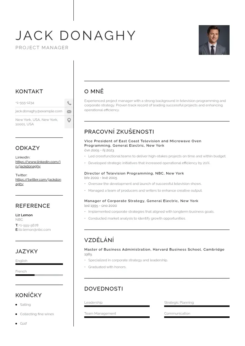 Vienkārša Projektovy manazer zivotopis CV piemērs