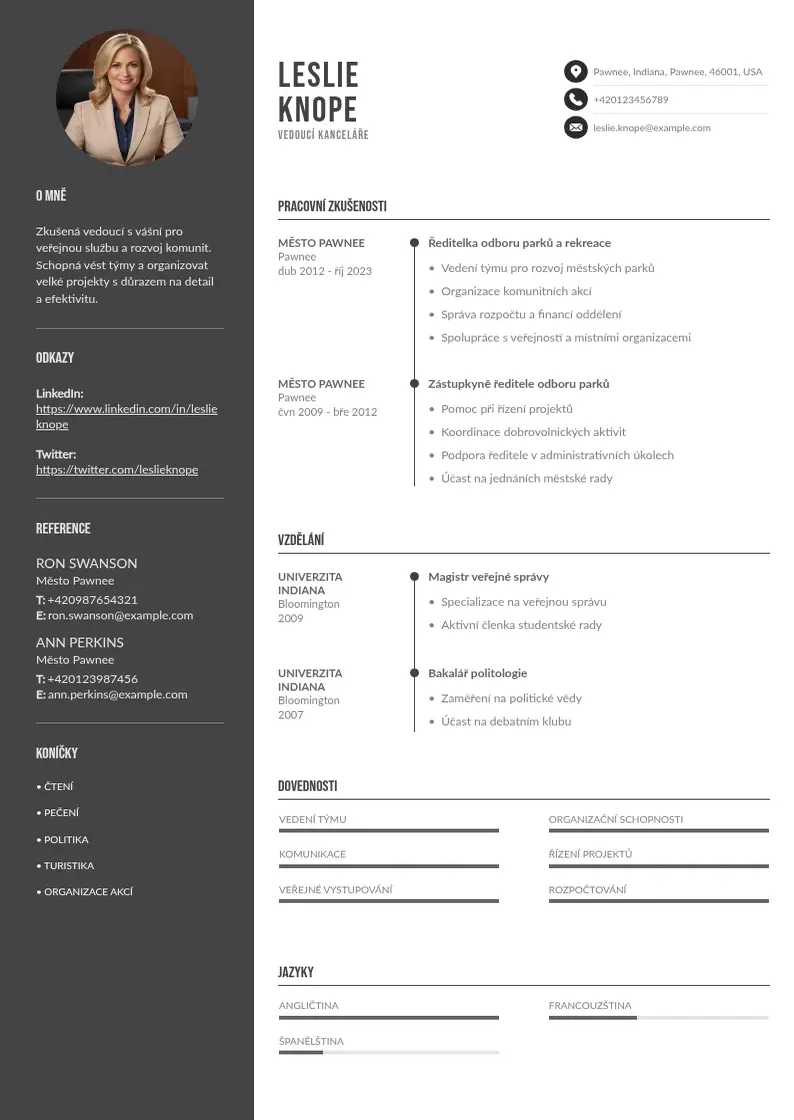 Divu kolonnu Vedouci kancelare  CV piemērs