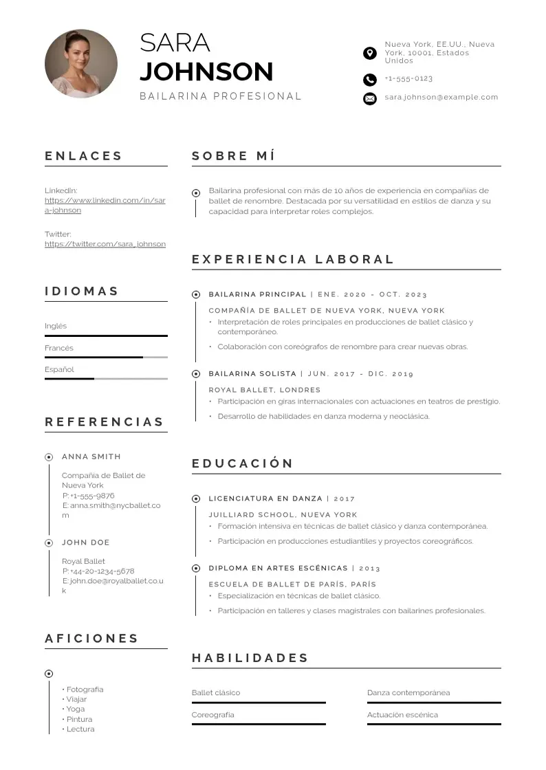 two column curriculum-de-bailarin resume example