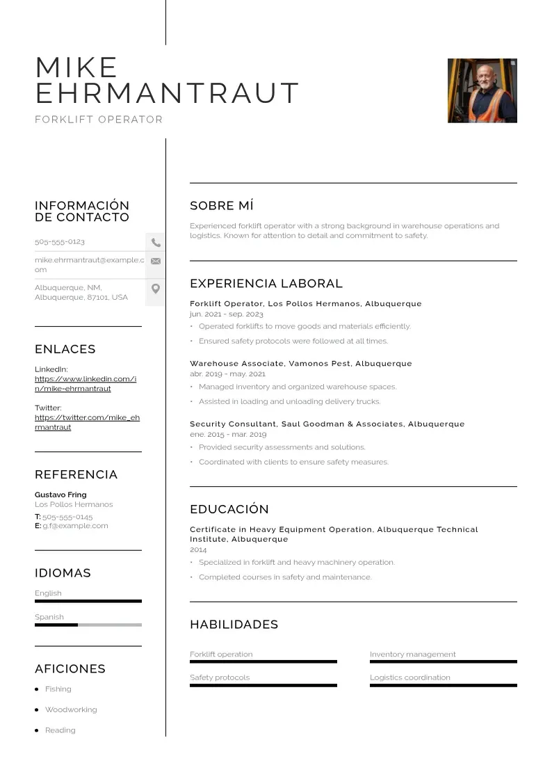 two column curriculum-de-operador-de-montacargas resume example