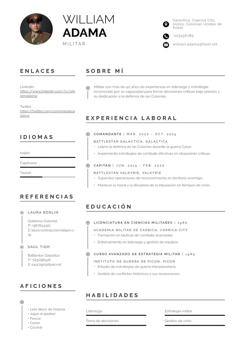 two column cv-militar resume example