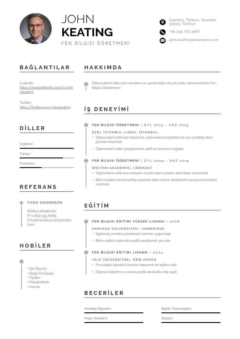 Profesionāla Fen Bilgisi Öğretmeni  CV veidne