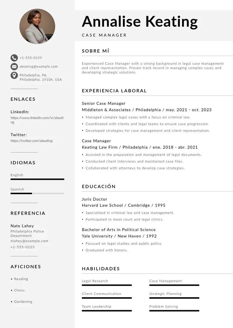 two column cv-administrador-de-casos resume example