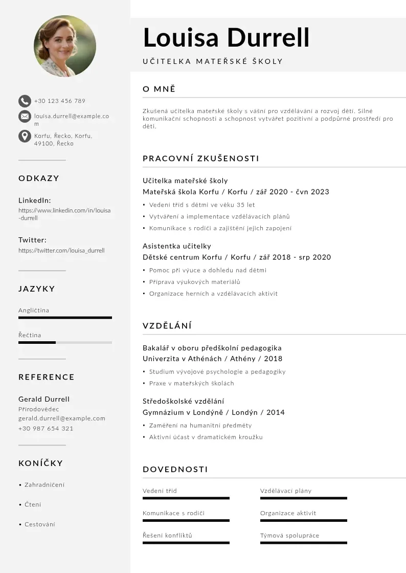 Mūsdienīga Zivotopis ucitelky materske skoly CV veidne