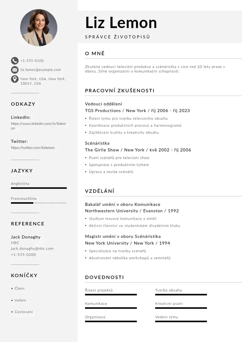 Mūsdienīga Spravce zivotopis CV veidne