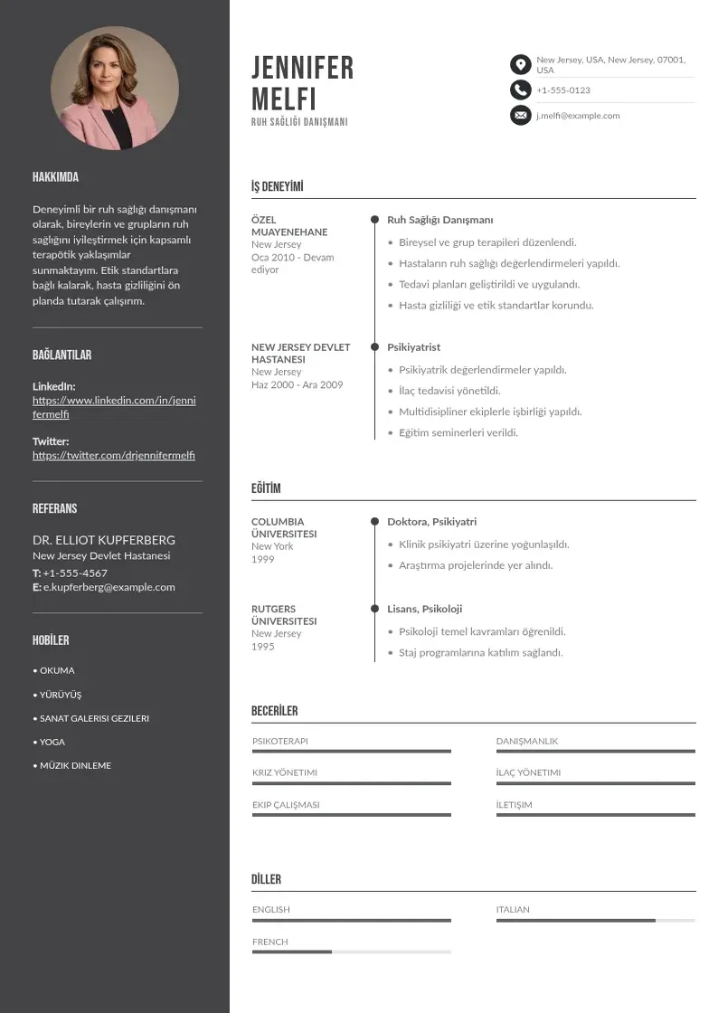 Divu kolonnu Ruh Sağlığı Danışmanı  CV piemērs