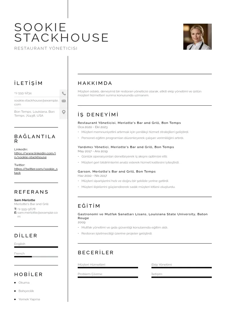 Vienkārša Restaurant yoneticisi ozgecmis CV piemērs