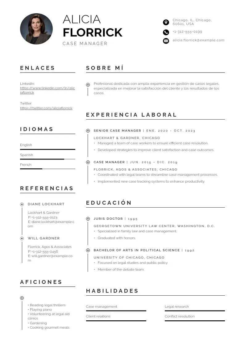 two column cv-administrador-de-casos resume example