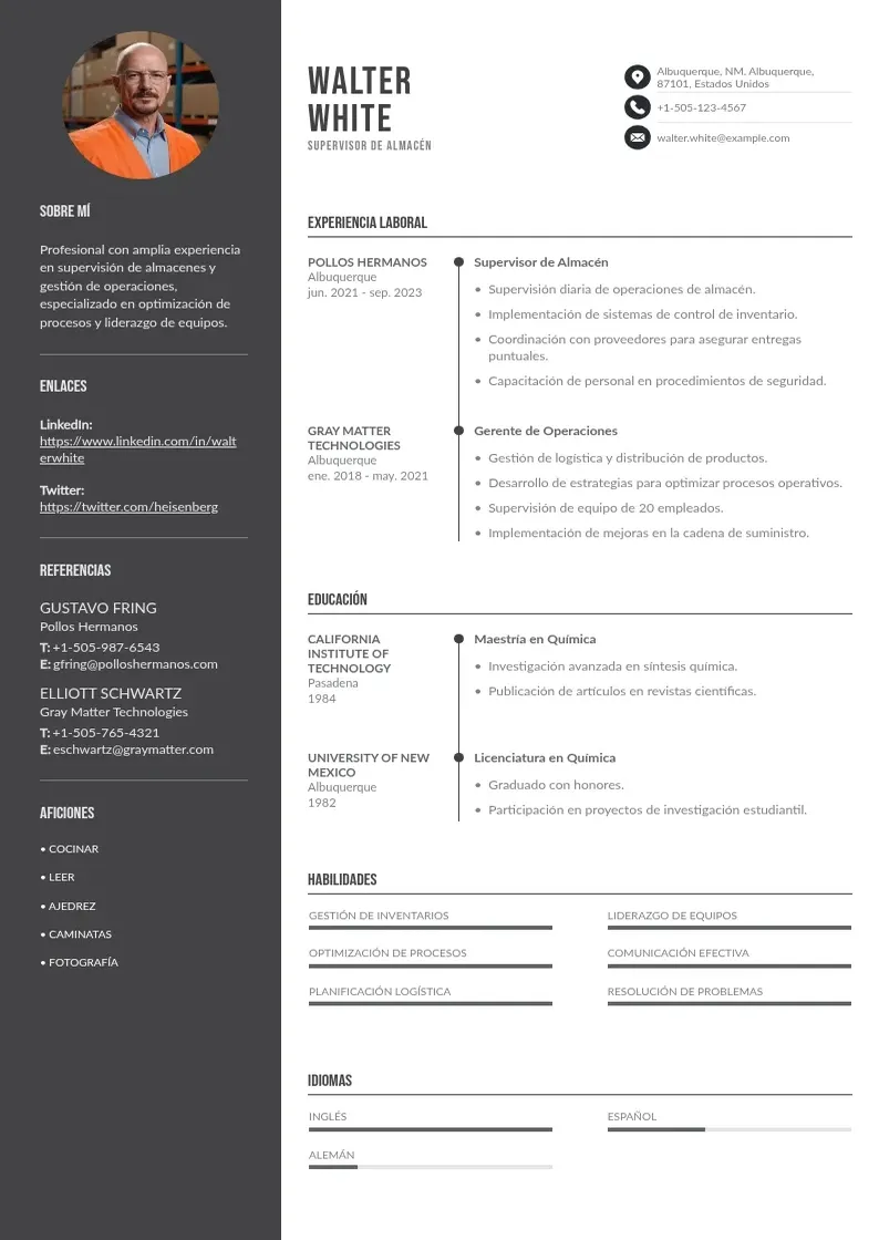 two column cv-supervisor-de-almacen resume example