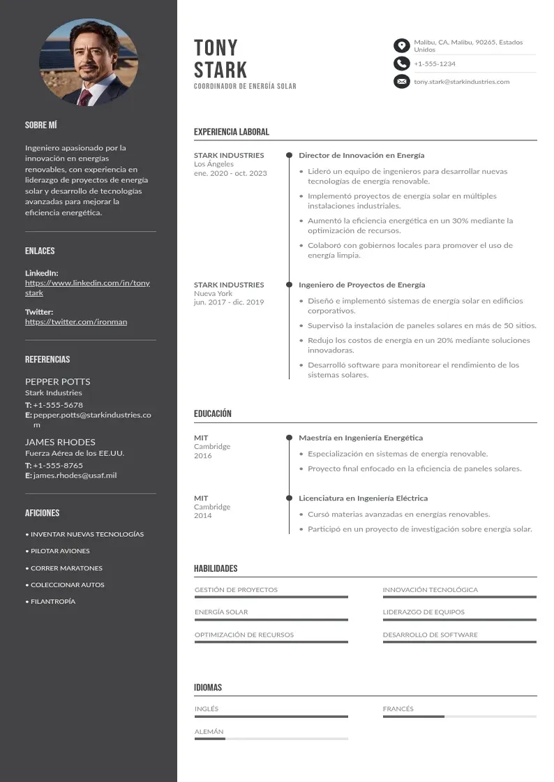 two column coordinador-de-energia-solar resume example