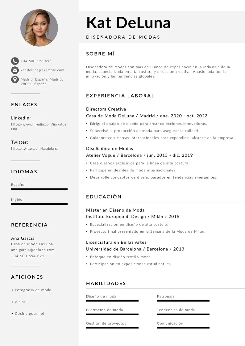 two column disenador-de-modas resume example