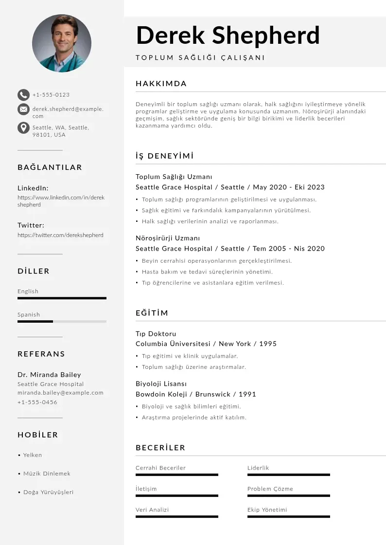 Mūsdienīga Toplum Sağlığı Çalışanı  CV veidne