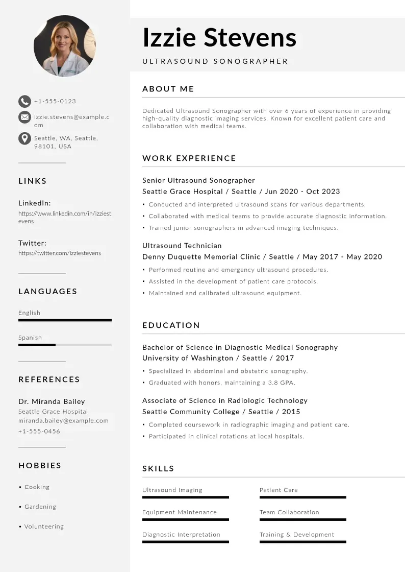 modern Ultrasound sonographer resume resume template