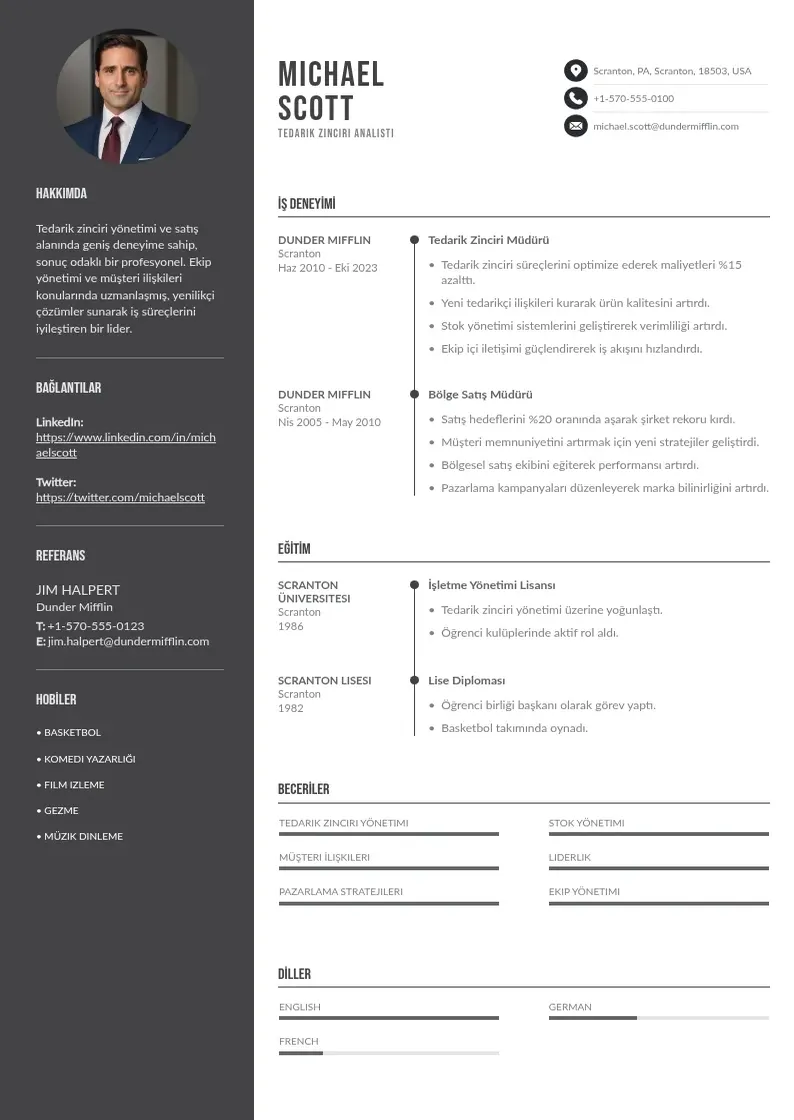Divu kolonnu Tedarik Zinciri Analisti  CV piemērs