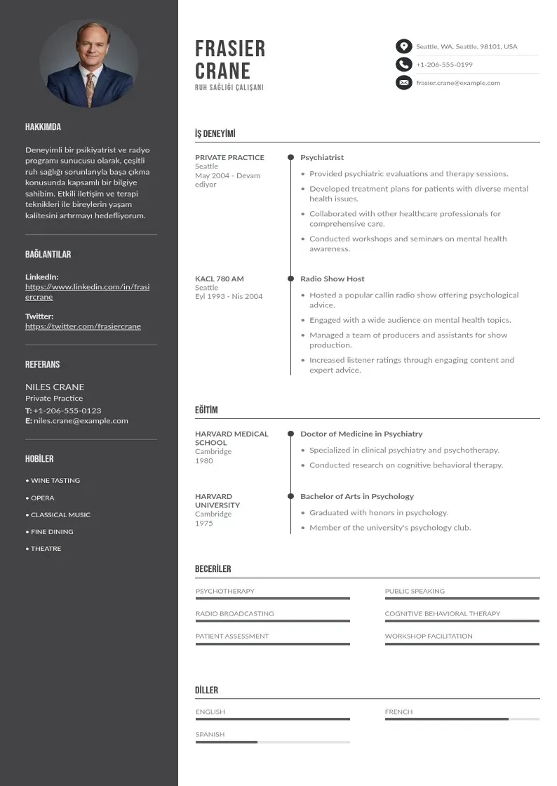 Divu kolonnu Ruh Sağlığı Çalışanı  CV piemērs