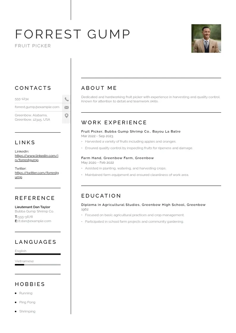 simple Fruit picker resume resume example