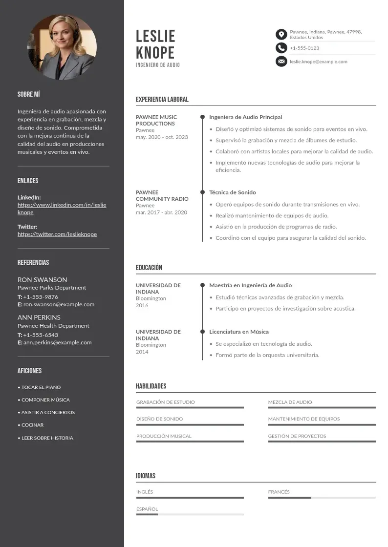 two column cv-ingeniero-de-audio resume example