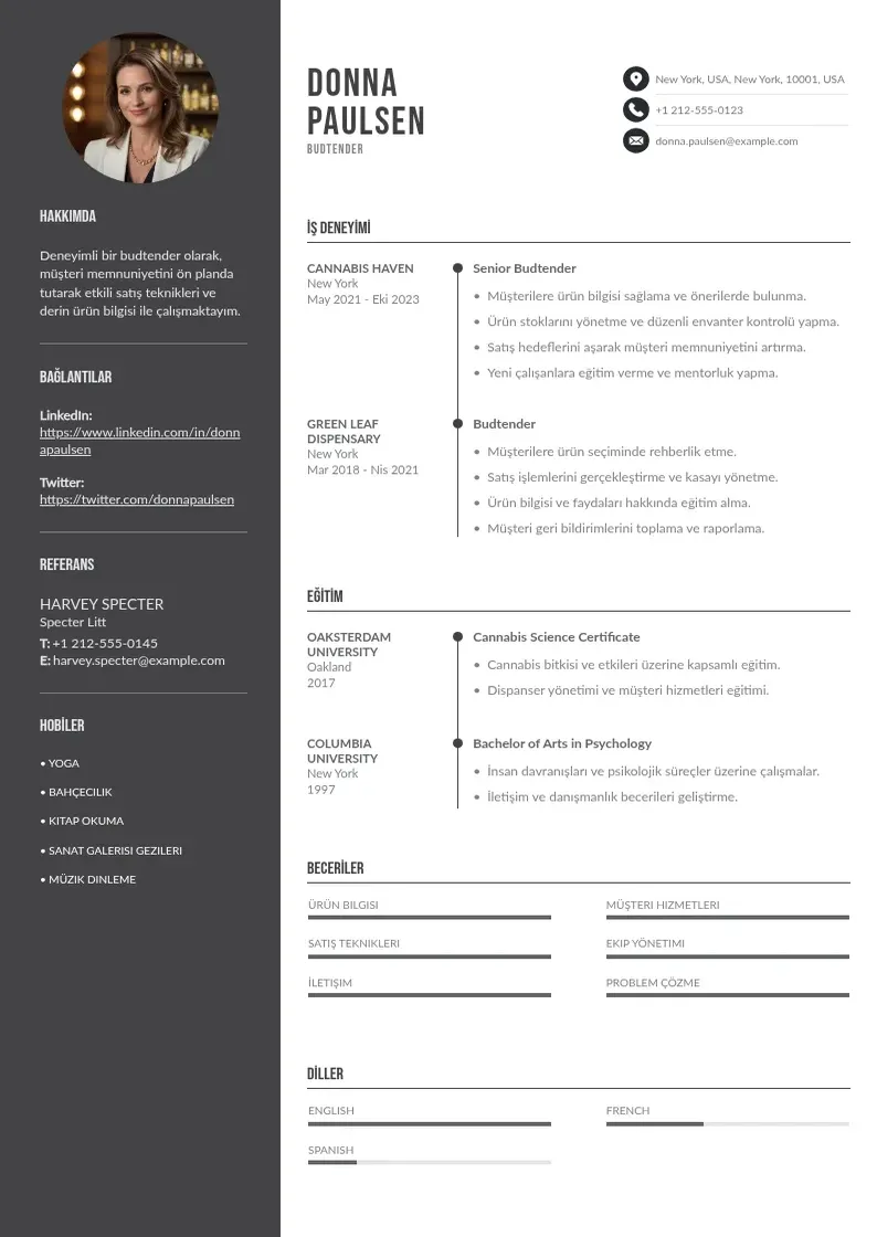 Divu kolonnu Budtender  CV piemērs