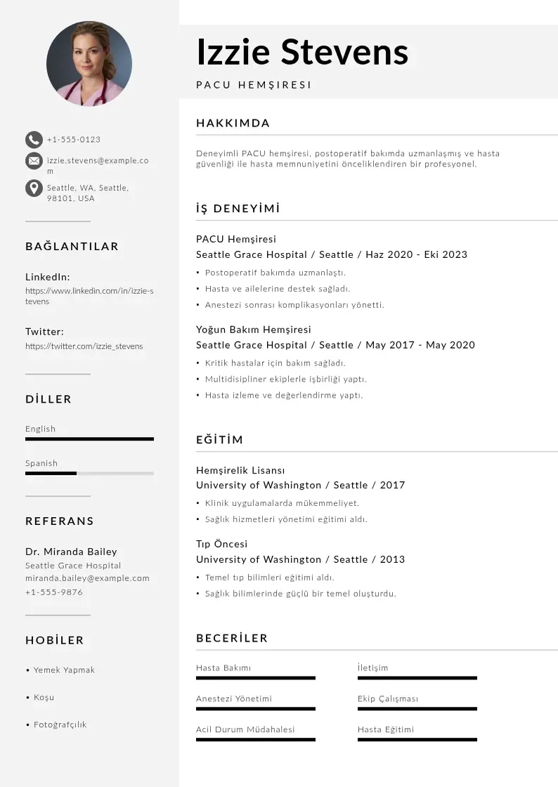 Mūsdienīga PACU Hemşiresi  CV veidne