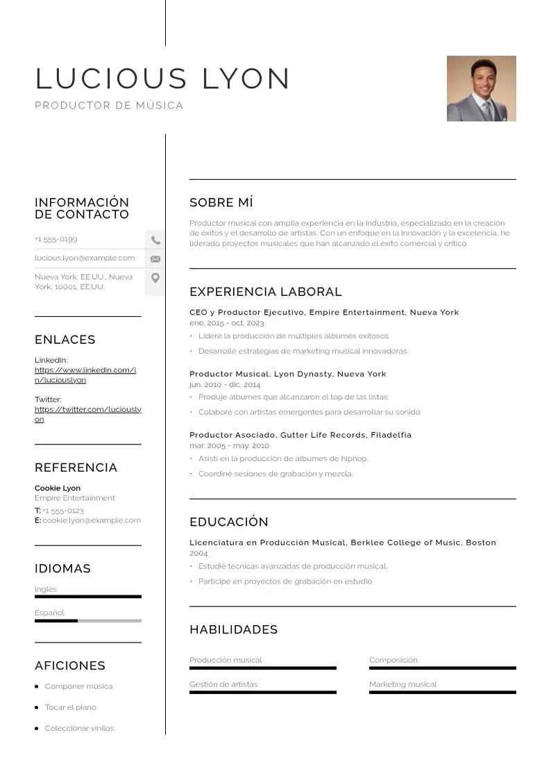 two column productor-de-musica resume example