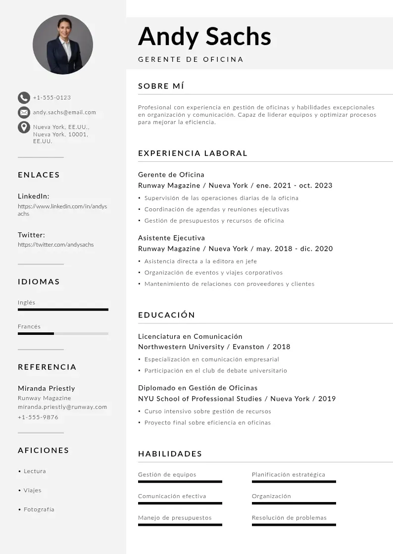 two column cv-gerente-de-oficina resume example