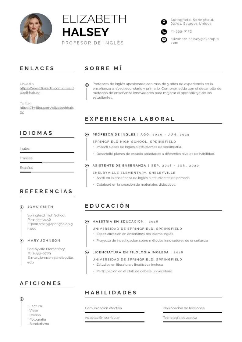 two column profesor-ingles resume example