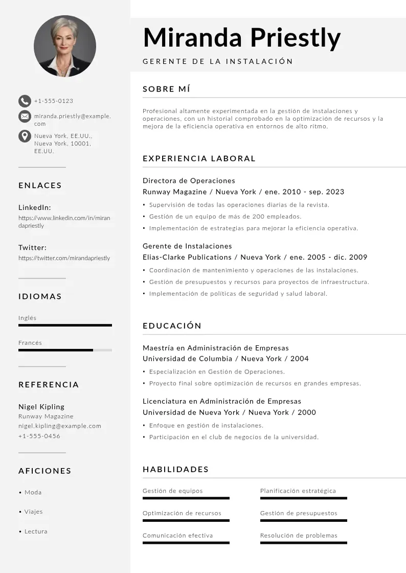 two column cv-gerente-de-la-instalacion resume example