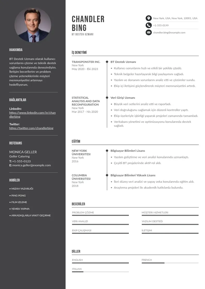 Divu kolonnu BT Destek Uzmanı  CV piemērs