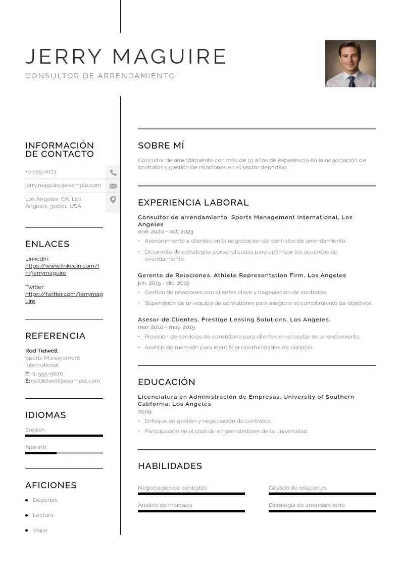 two column cv-consultor-de-arrendamiento resume example