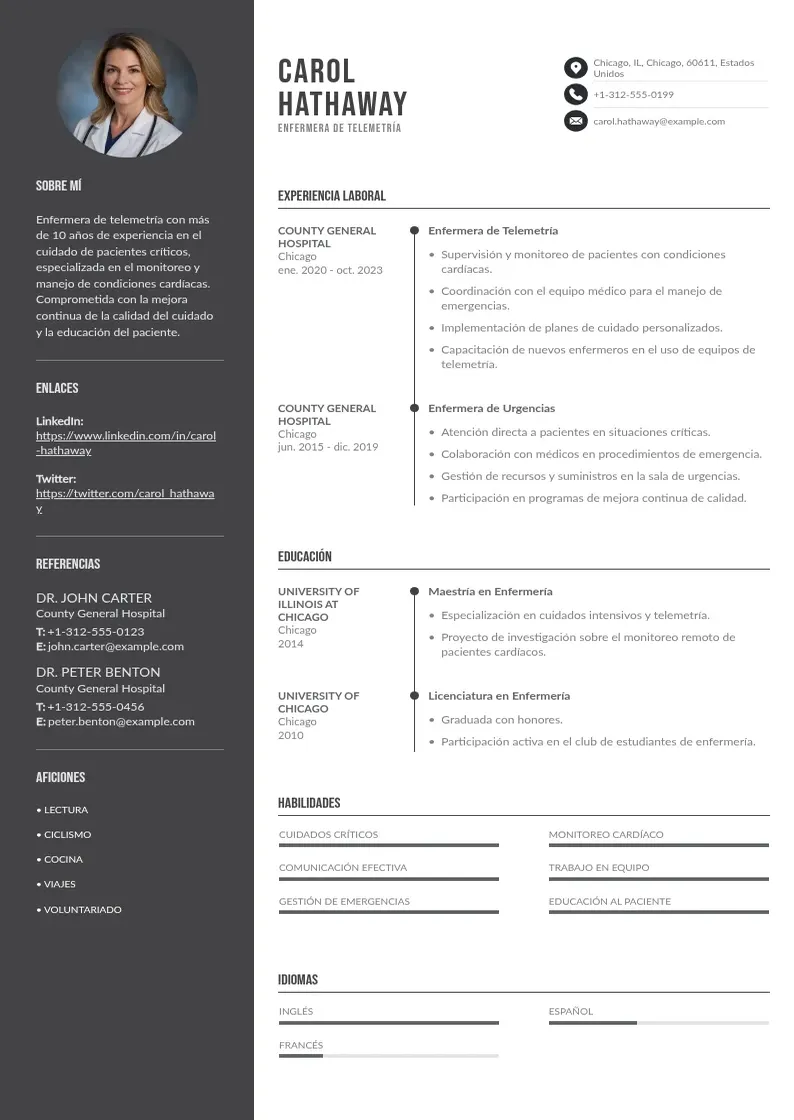 two column cv-enfermera-de-telemetria resume example