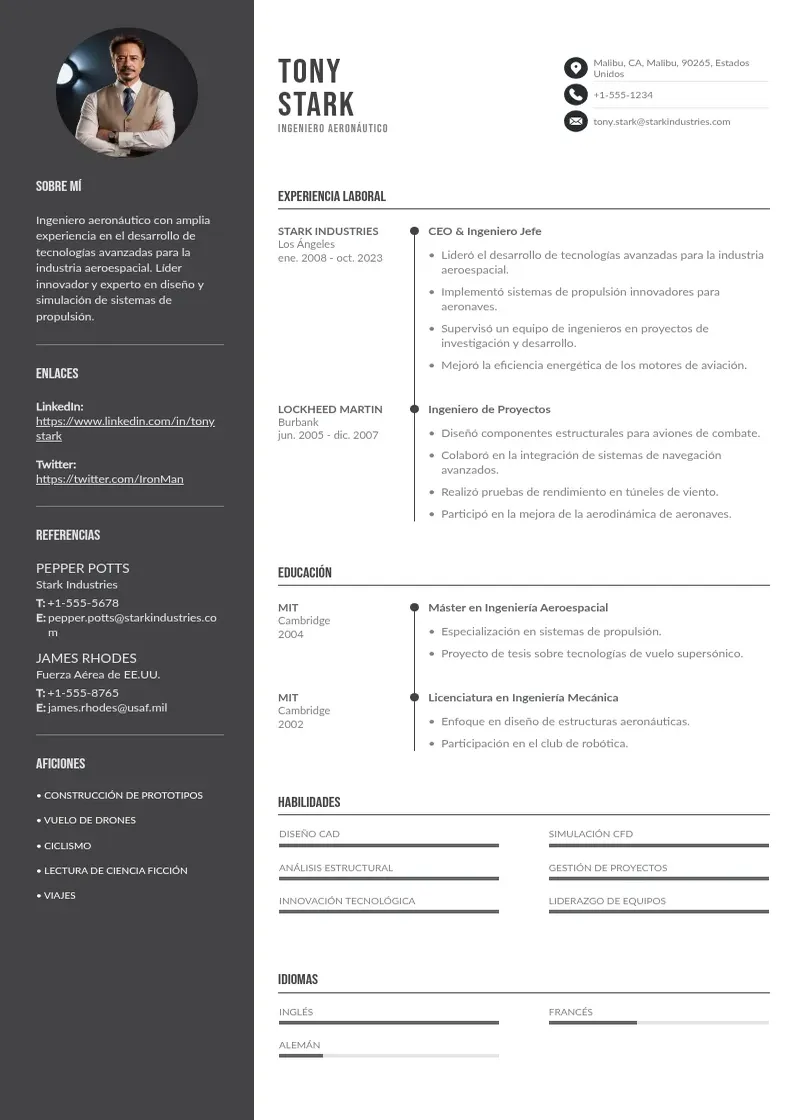 two column ingeniero-aeronautico resume example