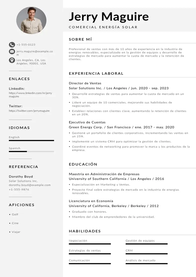 two column comercial-energia-solar resume example