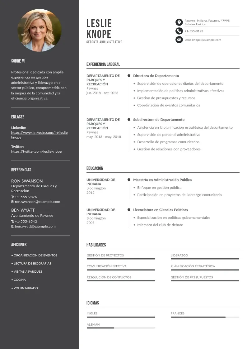 two column gerente-administrativo resume example