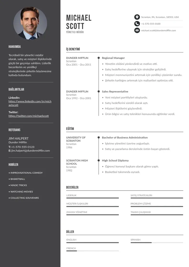 Divu kolonnu Yönetici müdür  CV piemērs