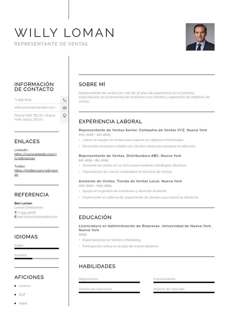 two column cv-representante-de-ventas resume example