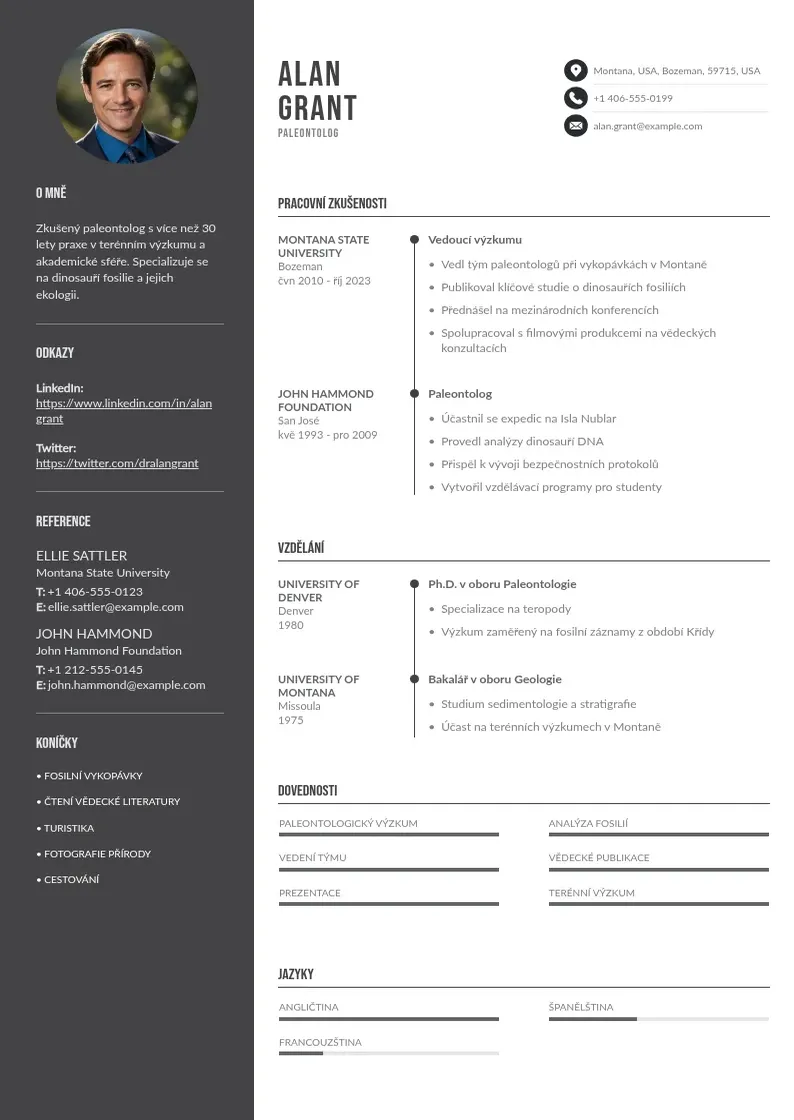 Divu kolonnu Vyzkumnik zivotopis CV piemērs