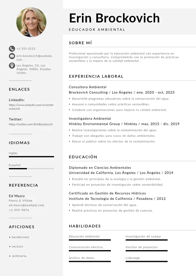 two column educador-ambiental resume example
