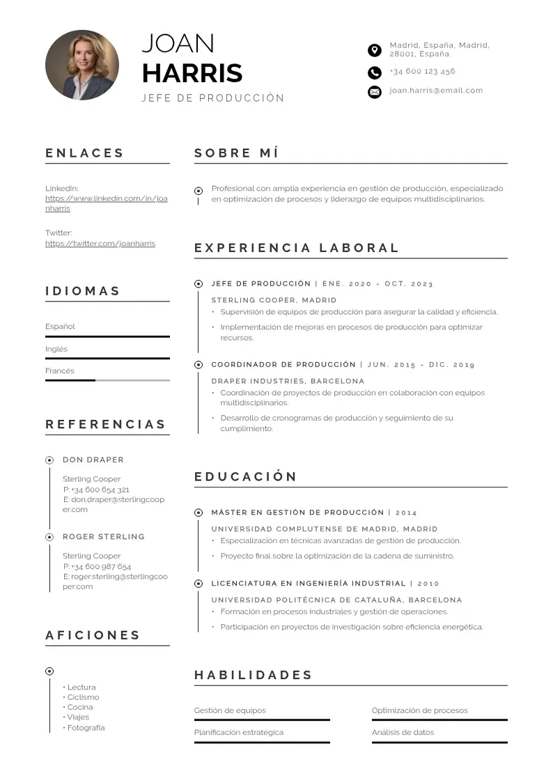 two column cv-jefe-de-produccion resume example