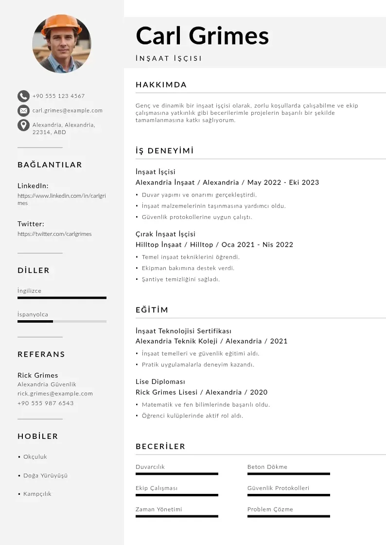Mūsdienīga İnşaat işçisi  CV veidne