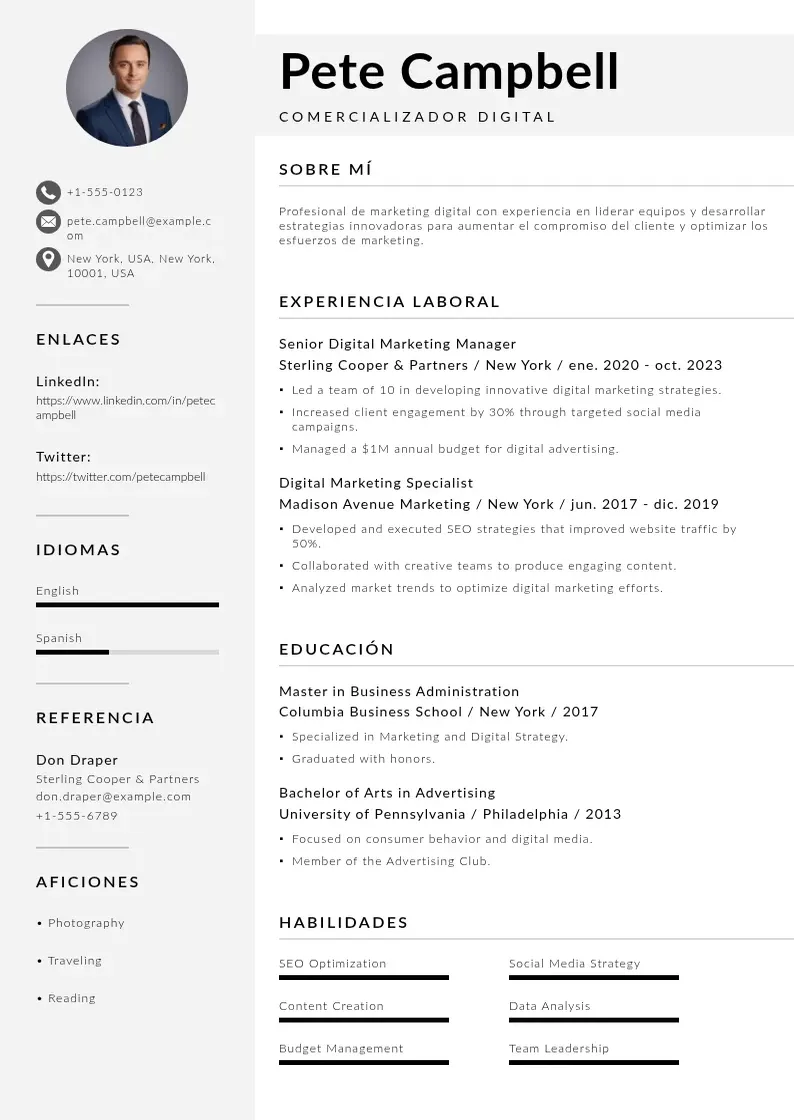 two column cv-comercializador-digital resume example