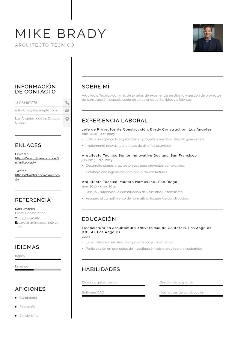 two column arquitecto-tecnico resume example