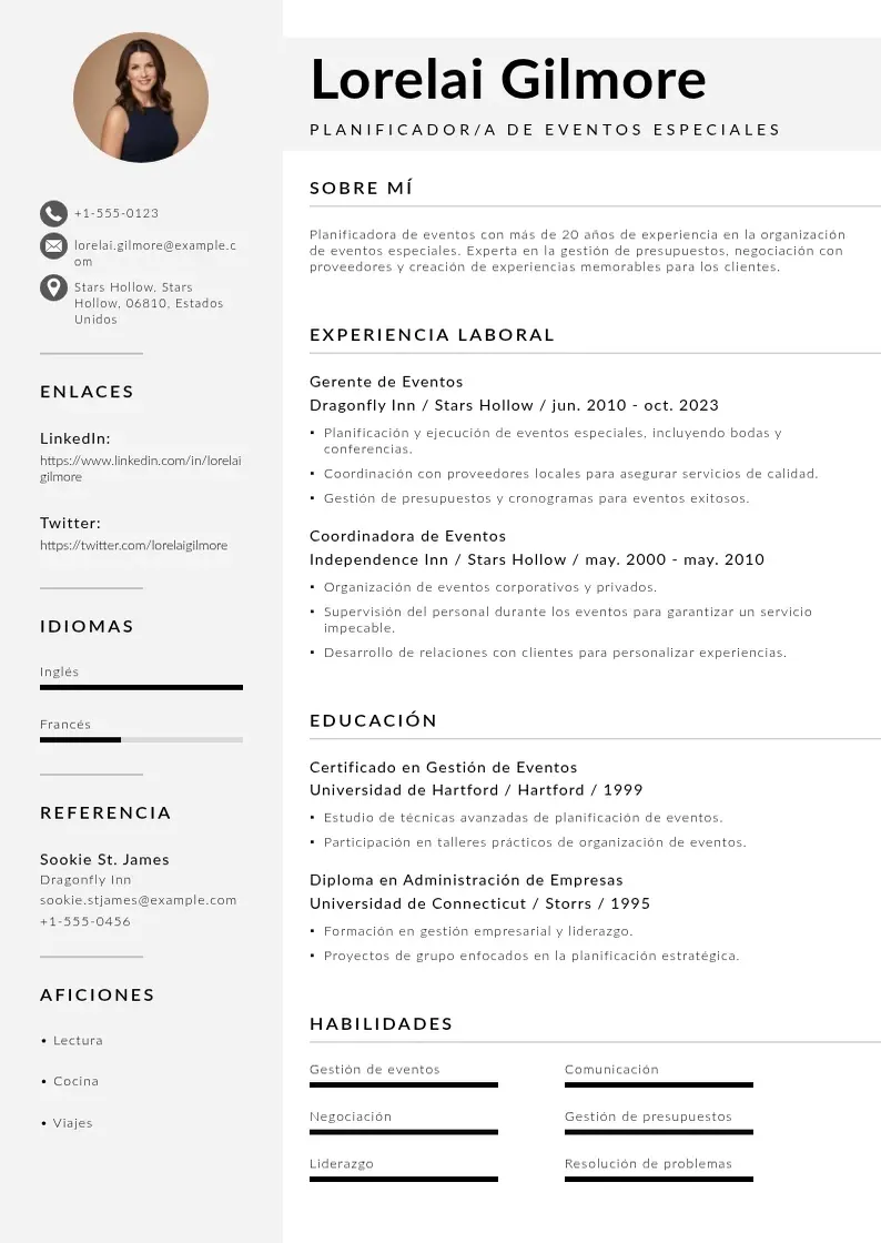 two column planificadora-de-eventos-especiales resume example