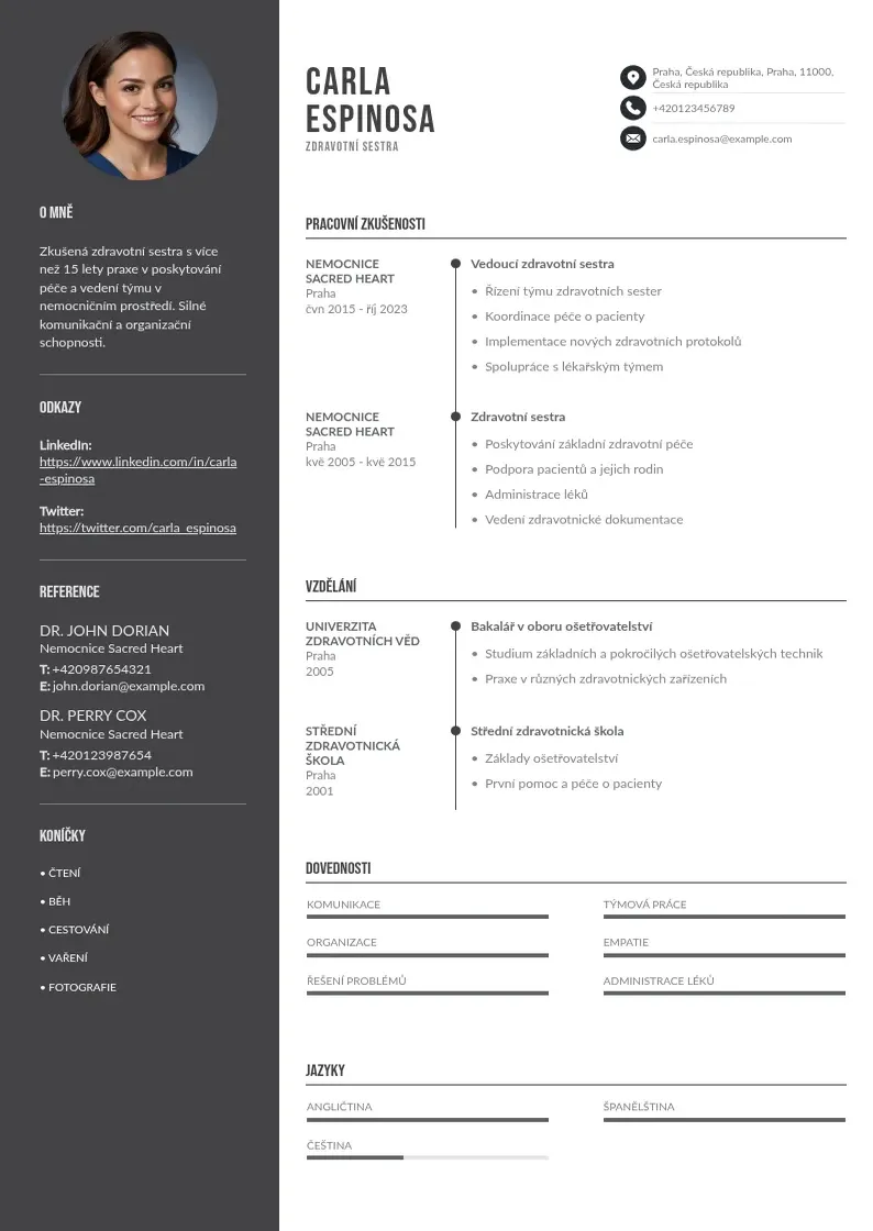Divu kolonnu Zdravotni sestry CV piemērs