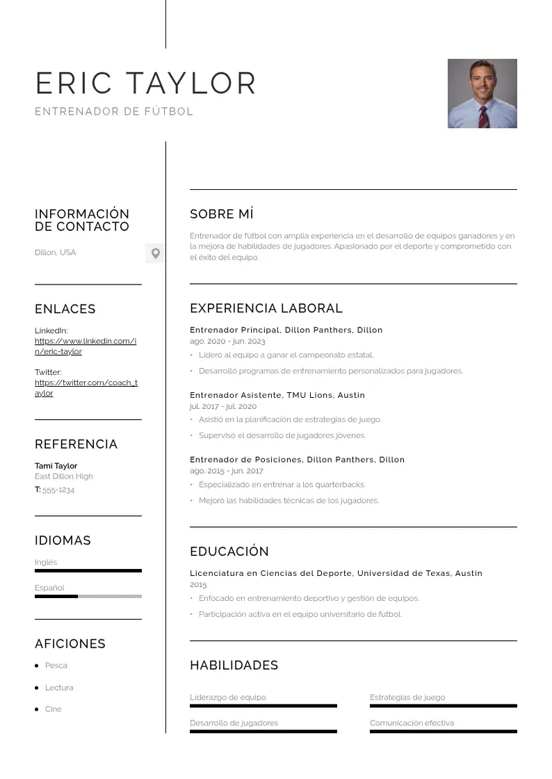 two column cv-entrenador-de-futbol resume example