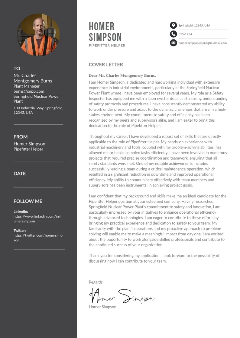 two column Pipefitter Helper  cover letter example