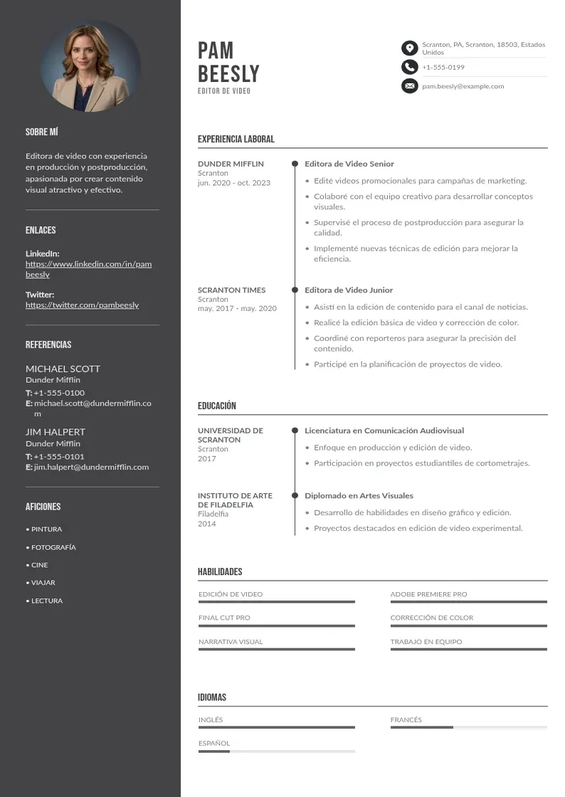two column cv-editor-de-video resume example