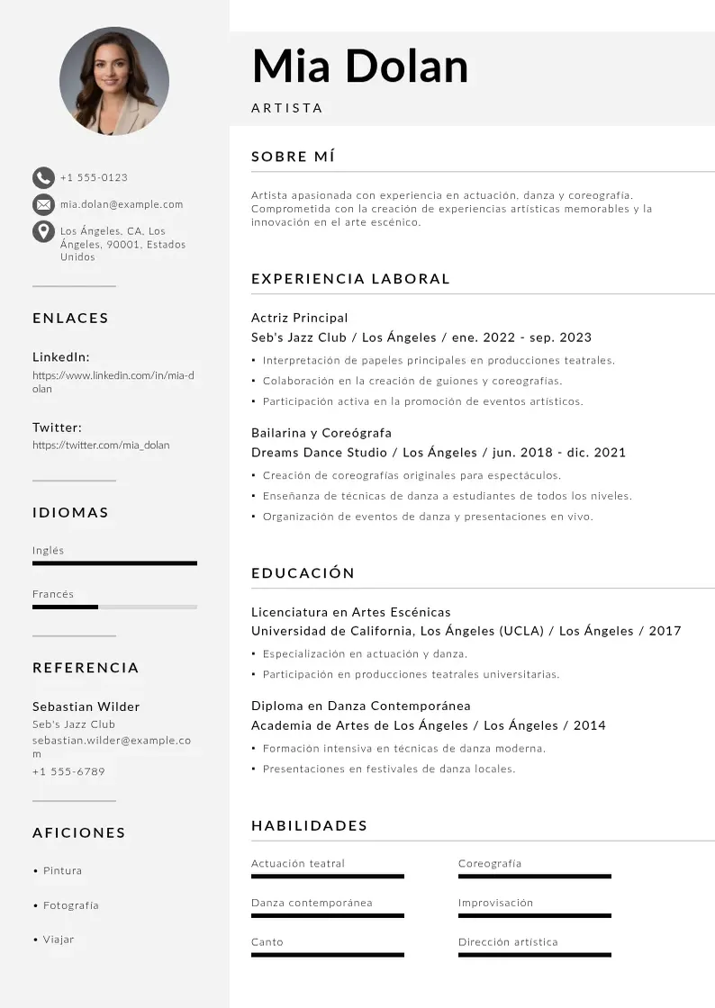 two column cv-artista resume example