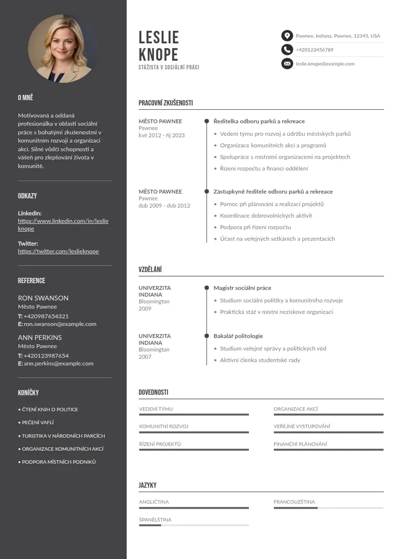 Divu kolonnu Stážista v sociální práci  CV piemērs