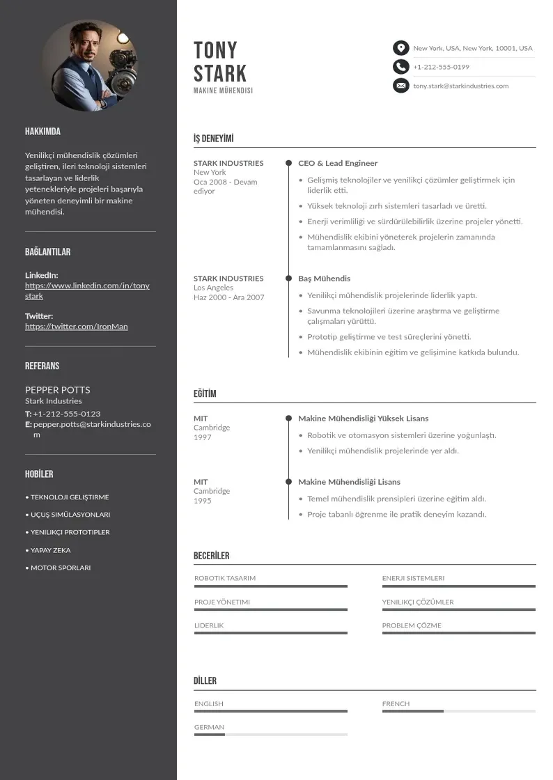 Divu kolonnu Makine muhendisi CV piemērs